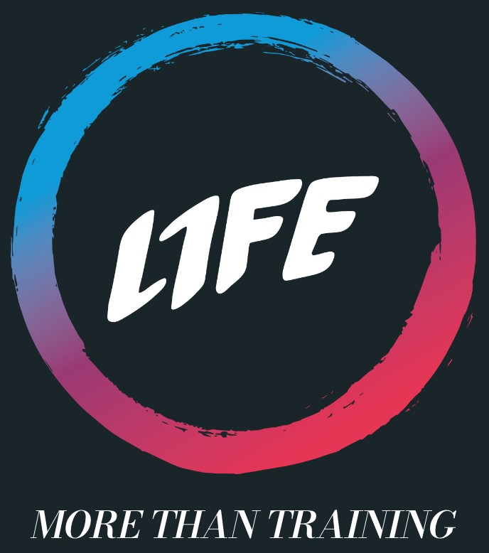Logo von L1FE Personal Training in Frankfurt, zen-ähnlicher Kreis in Blau-Himbeer-Farbverlauf mit 