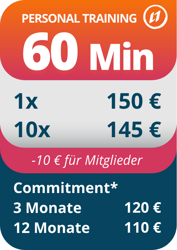 Preistafel für 60 Minuten Personal Training bei L1FE in Frankfurt, mit Optionen für Einzelsitzungen und Commitment-Tarife.