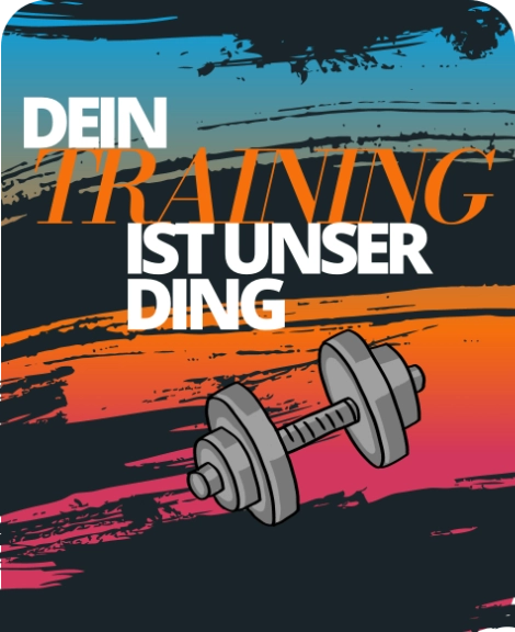 Bild mit Hantel mit L1FE-Slogan: Dein Training ist unser Ding